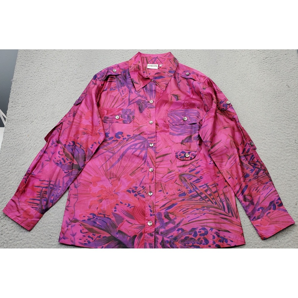 Chico's Shirt Top Womens M Multi Tropical Leaf Silk Long Sleeve Button-Up EUC